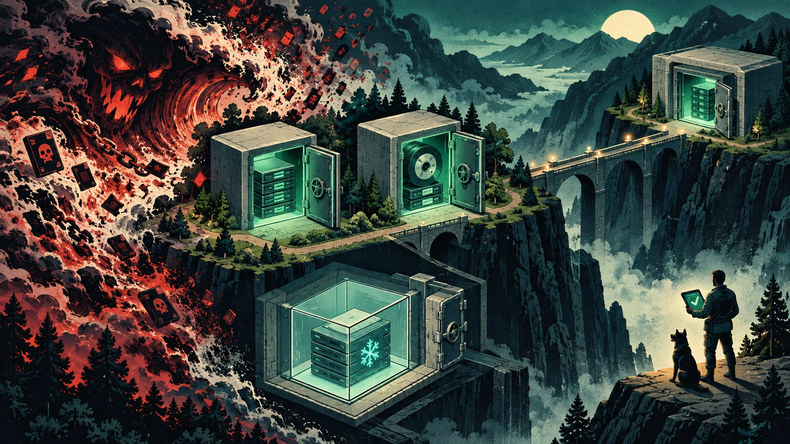 Illustrated cybersecurity scene for The 3-2-1 Backup Strategy: Ransomware-Resistant Backups Illustrated cybersecurity scene for The 3-2-1 Backup Strategy: Ransomware-Resistant Backups