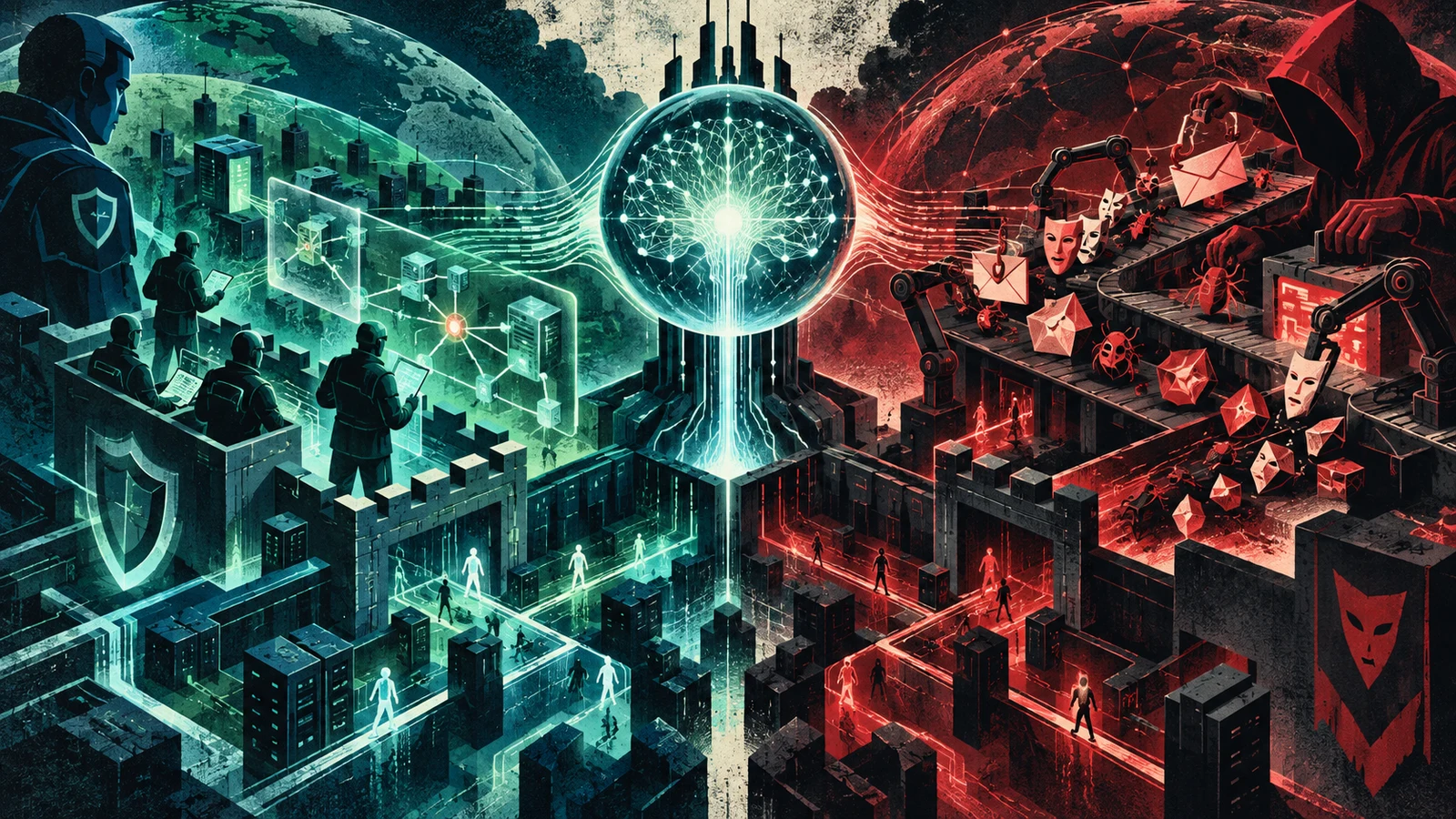 Illustrated cybersecurity scene for How AI Is Changing Cybersecurity: Defense vs Offense
