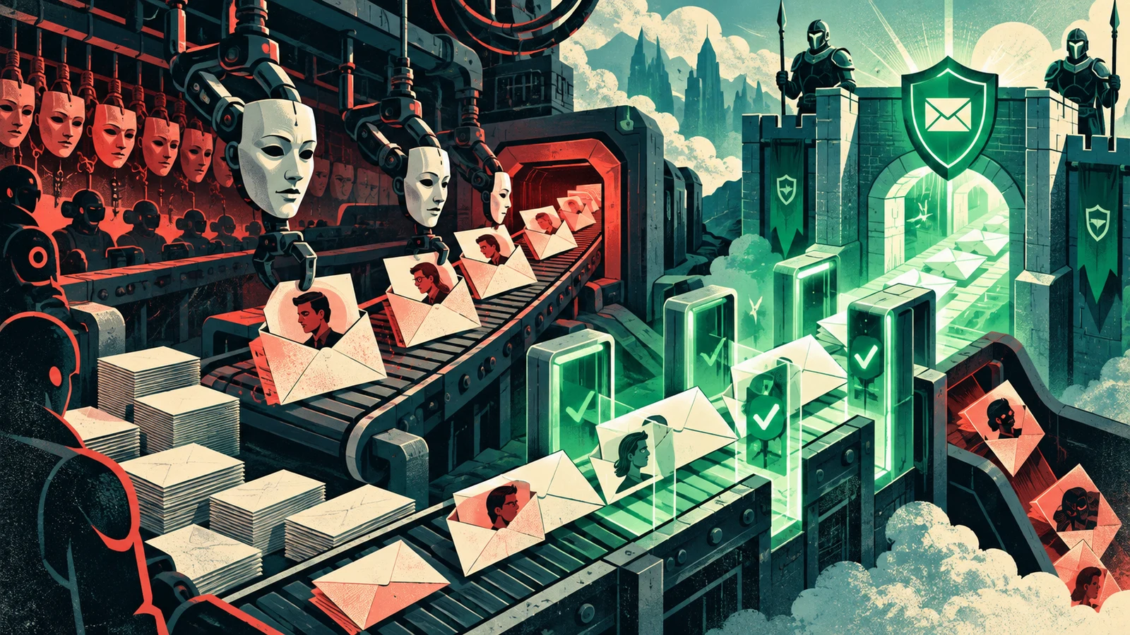 Illustrated cybersecurity scene for AI-Powered Phishing: How LLMs Supercharge Email Scams