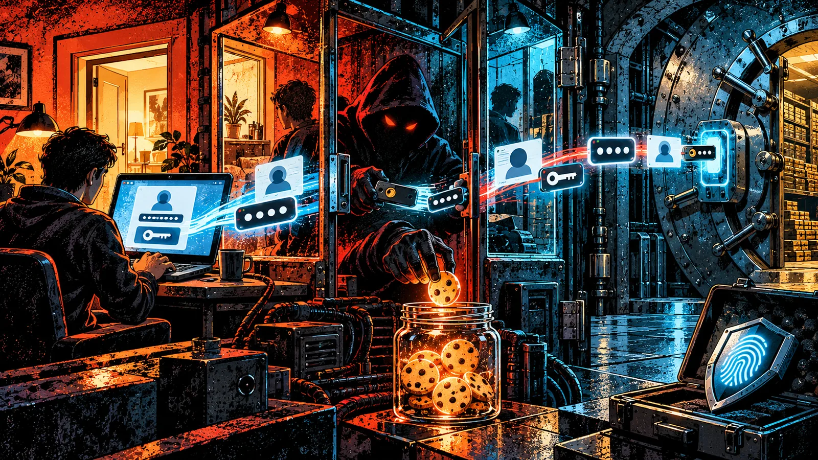 Illustrated cybersecurity scene for AitM Phishing: How Reverse-Proxy Kits Bypass MFA Illustrated cybersecurity scene for AitM Phishing: How Reverse-Proxy Kits Bypass MFA