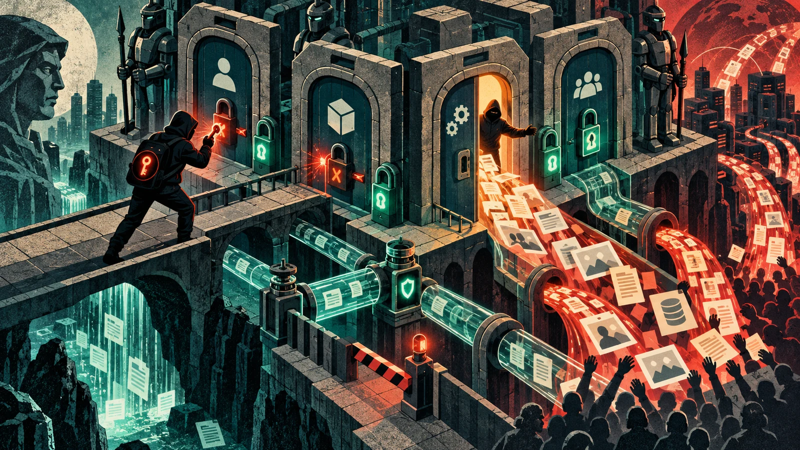 Illustrated cybersecurity scene for API Abuse: BOLA, BFLA, and Excessive Data Exposure