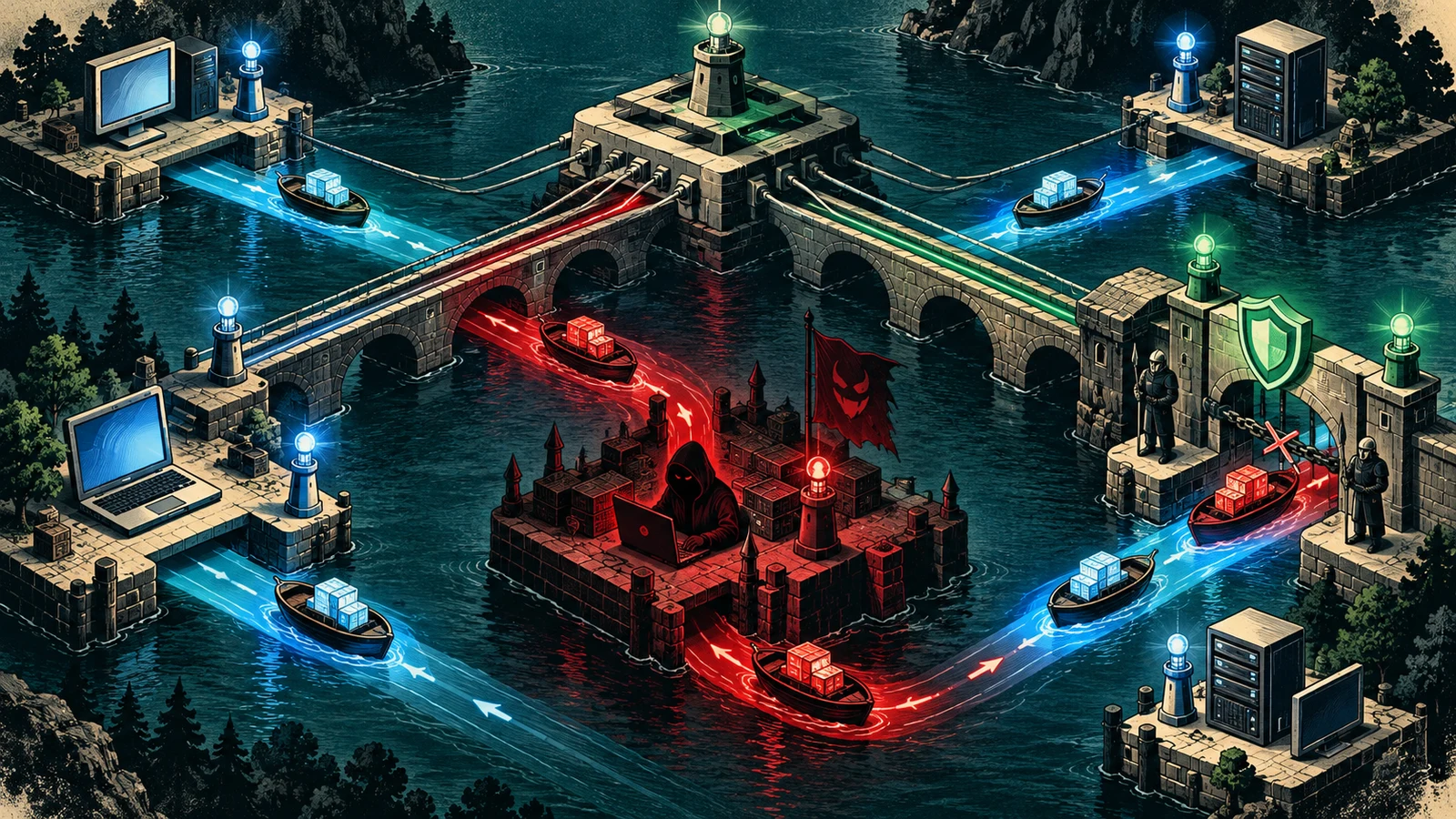 Illustrated cybersecurity scene for ARP Spoofing: LAN Poisoning & DAI Defense