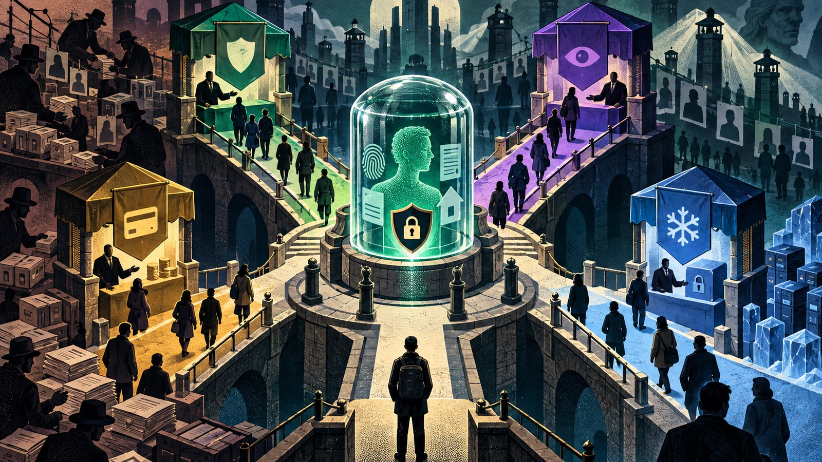 Illustrated cybersecurity scene for Aura Alternatives: Identity Guard, IdentityForce and LifeLock Compared