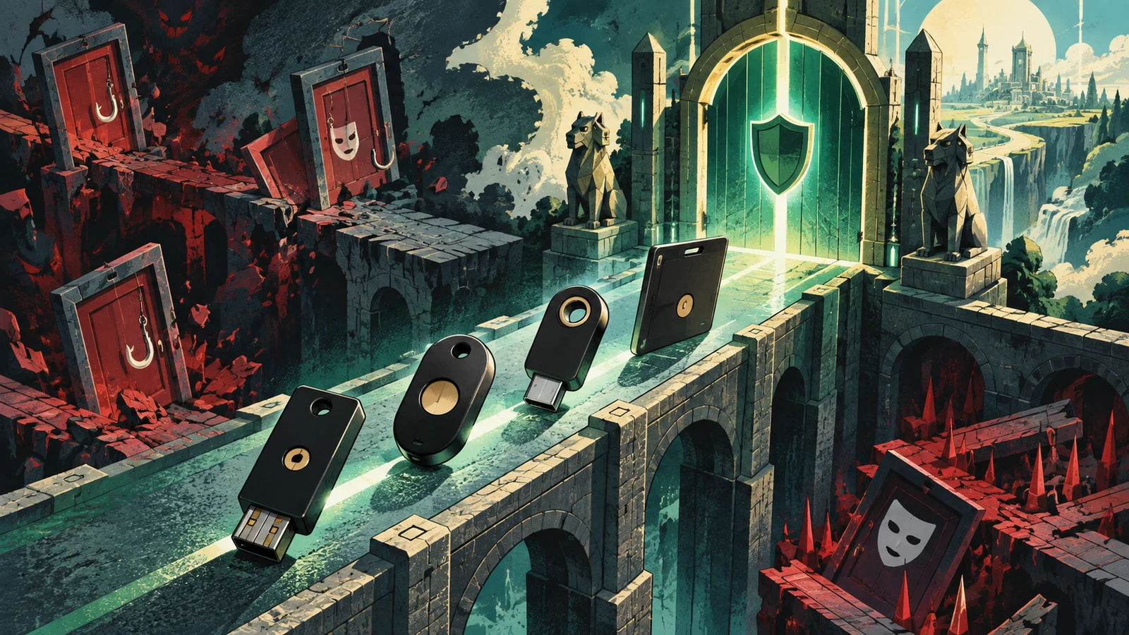 Illustrated cybersecurity scene for Best Hardware Security Keys (FIDO2)
