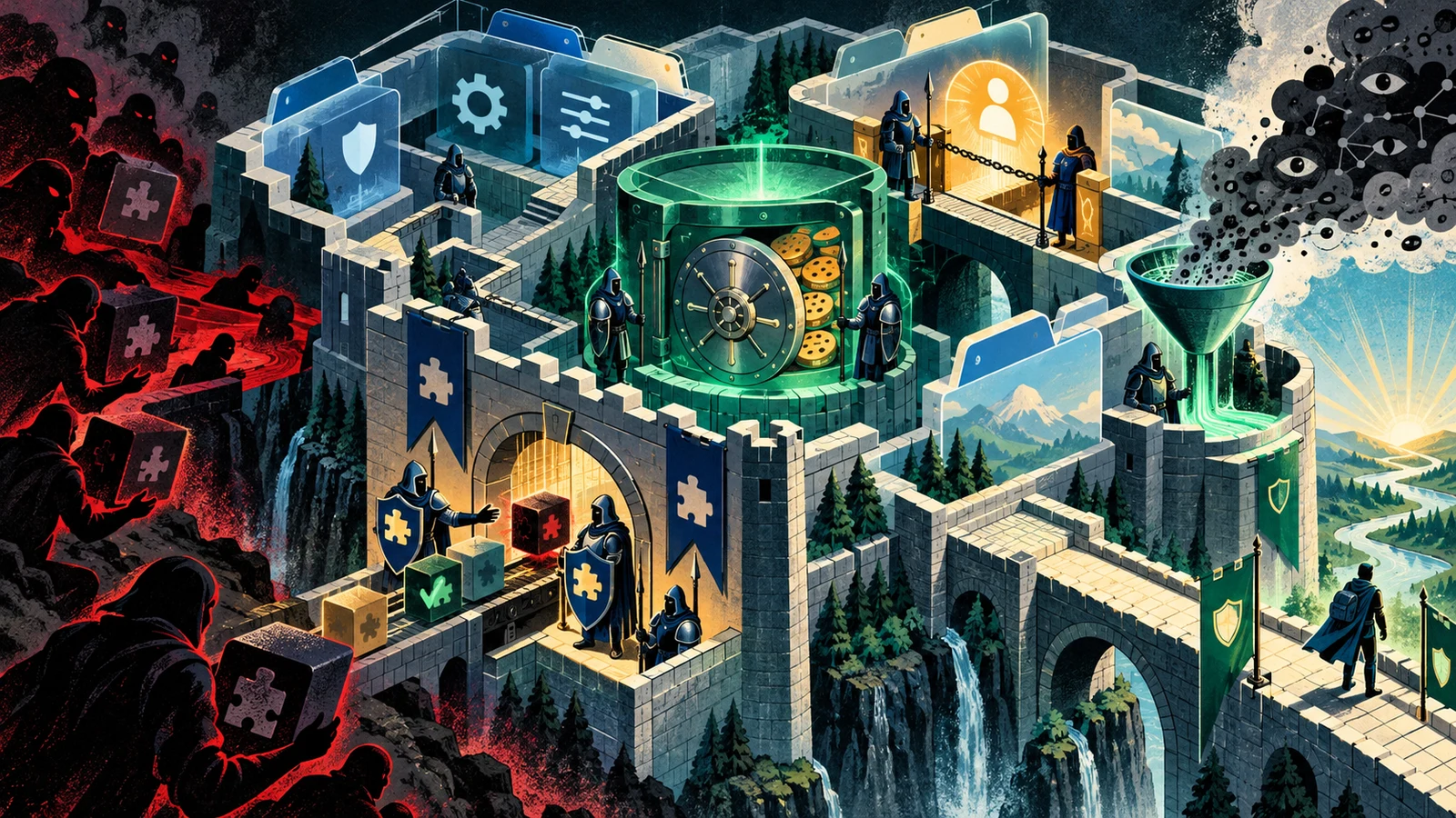 Illustrated cybersecurity scene for Browser Hardening Guide: Extensions, Settings and Session Theft