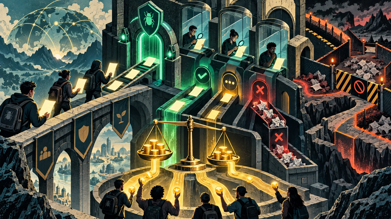 Illustrated cybersecurity scene for The Bug Bounty Economy: Platforms, Triage & Payouts Illustrated cybersecurity scene for The Bug Bounty Economy: Platforms, Triage & Payouts