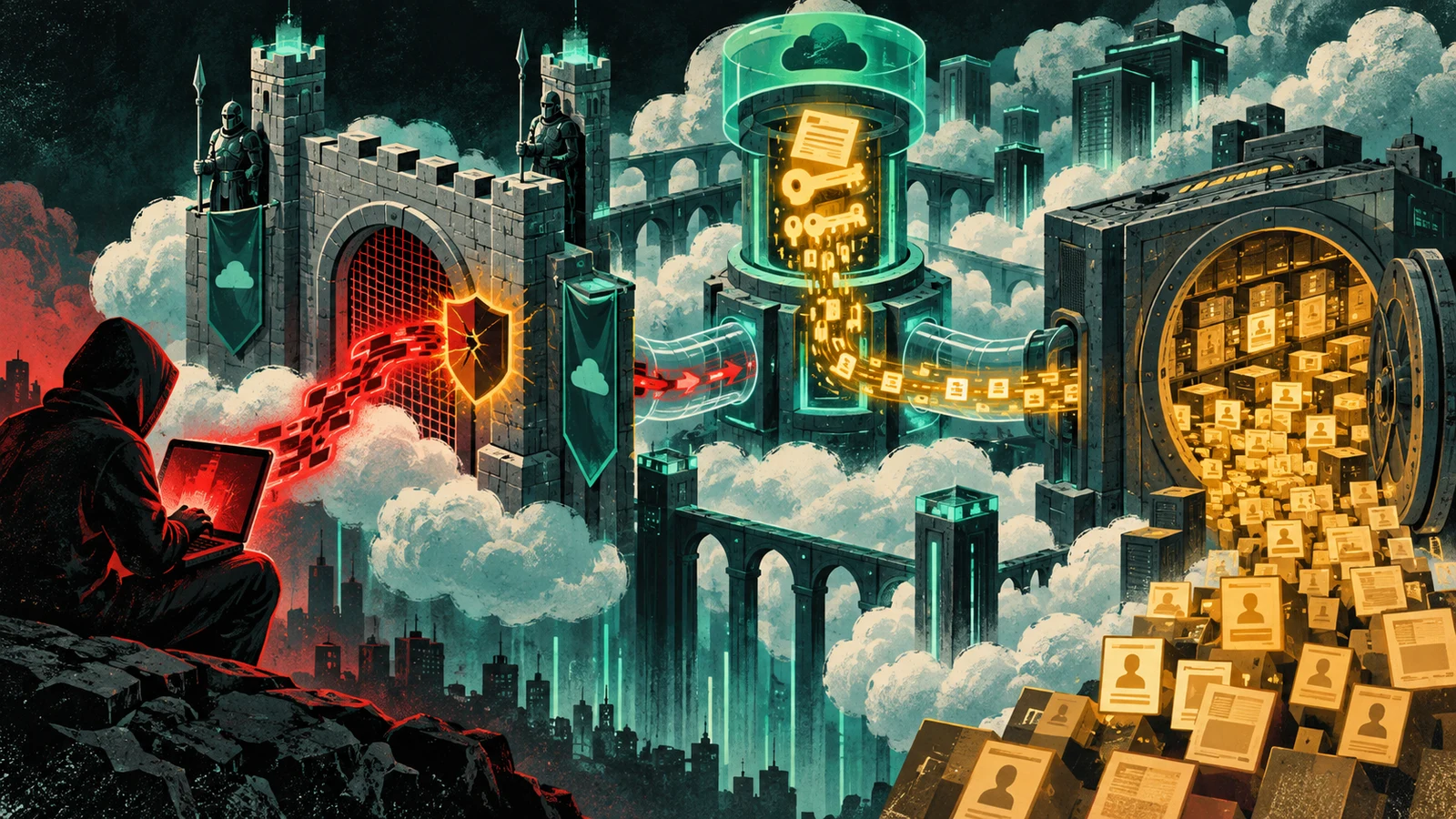 Illustrated cybersecurity scene for The Capital One Breach: SSRF, Metadata Credentials, 100 Million Records