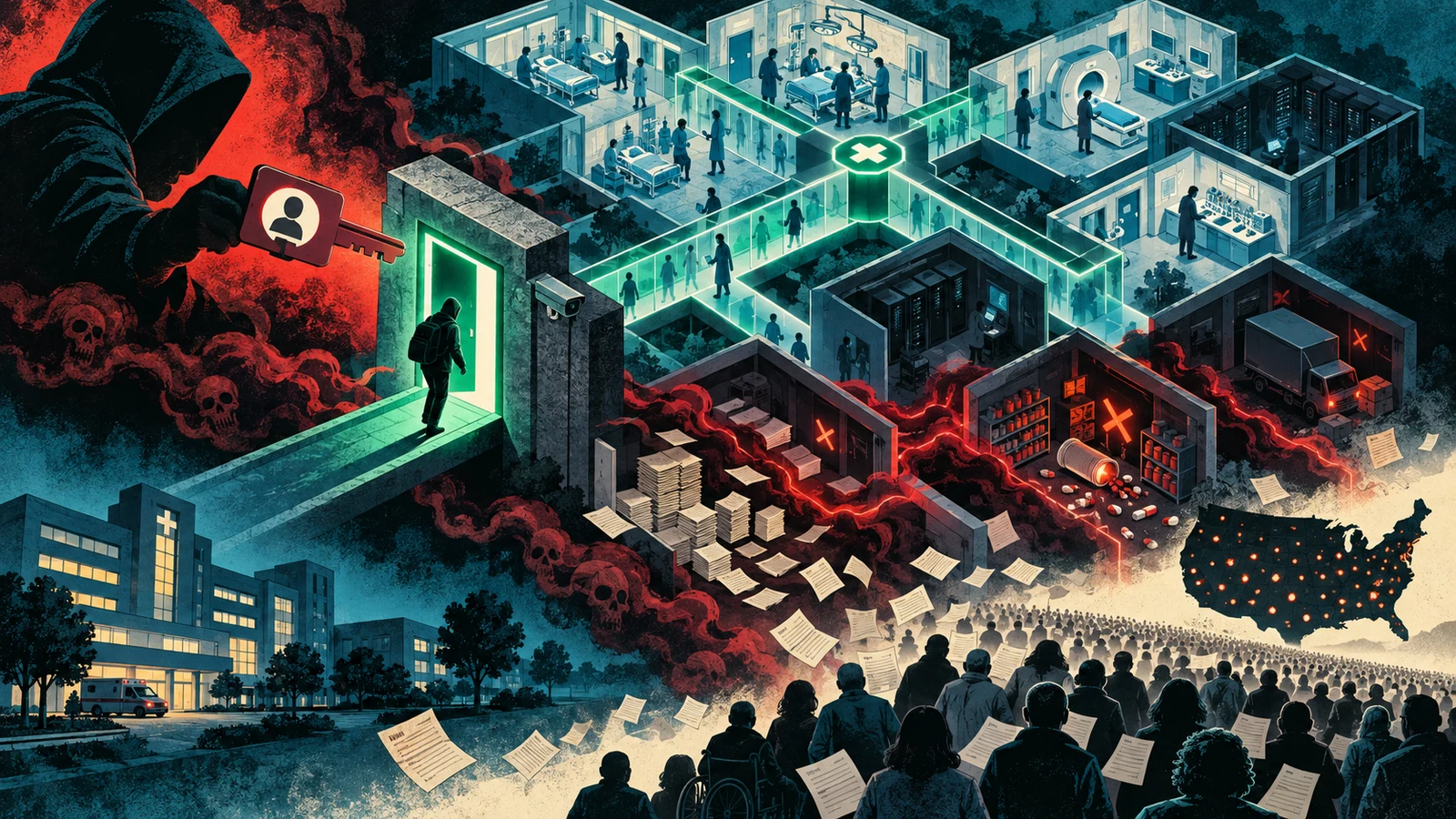 Illustrated cybersecurity scene for Change Healthcare: One Citrix Login and a National Outage