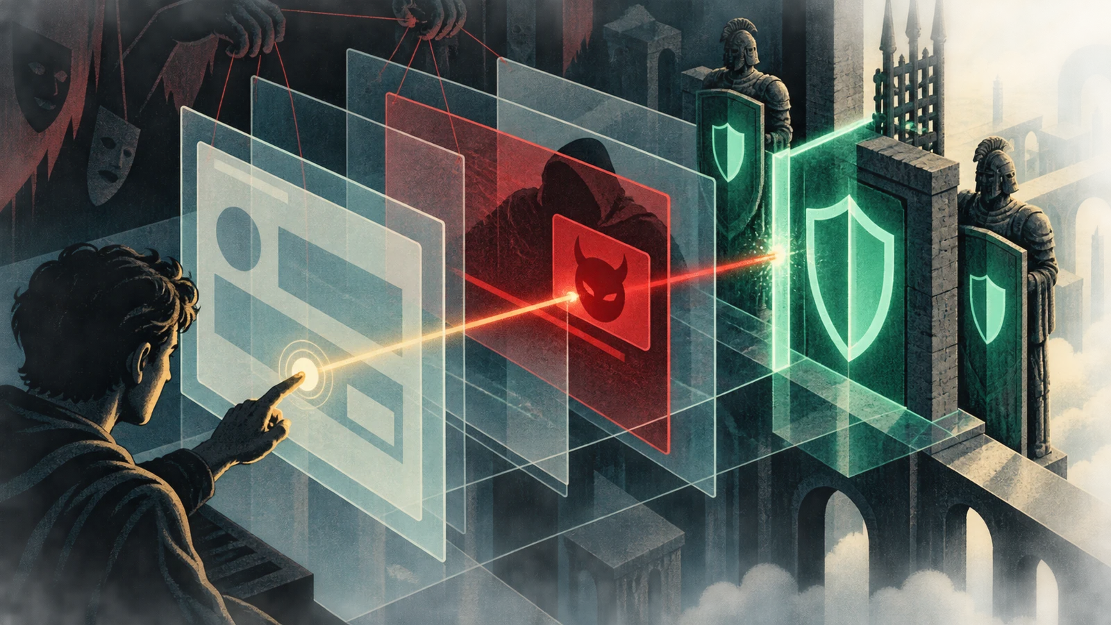Illustrated cybersecurity scene for Clickjacking: UI Redress Attacks & Frame Defenses