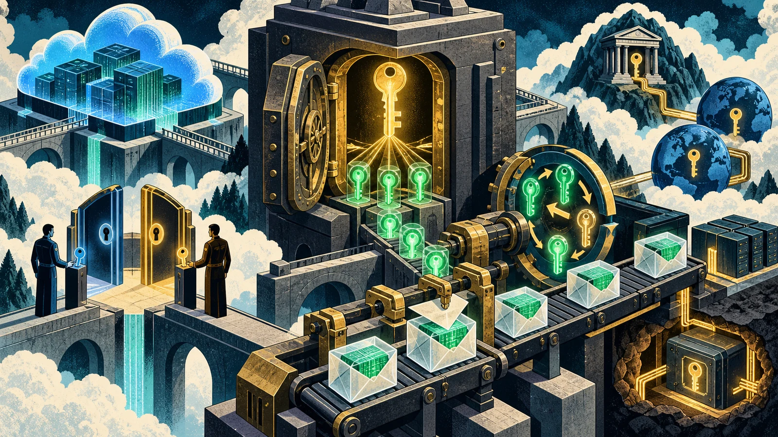 Illustrated cybersecurity scene for Cloud Key Management: KMS, Envelope Encryption, HSMs