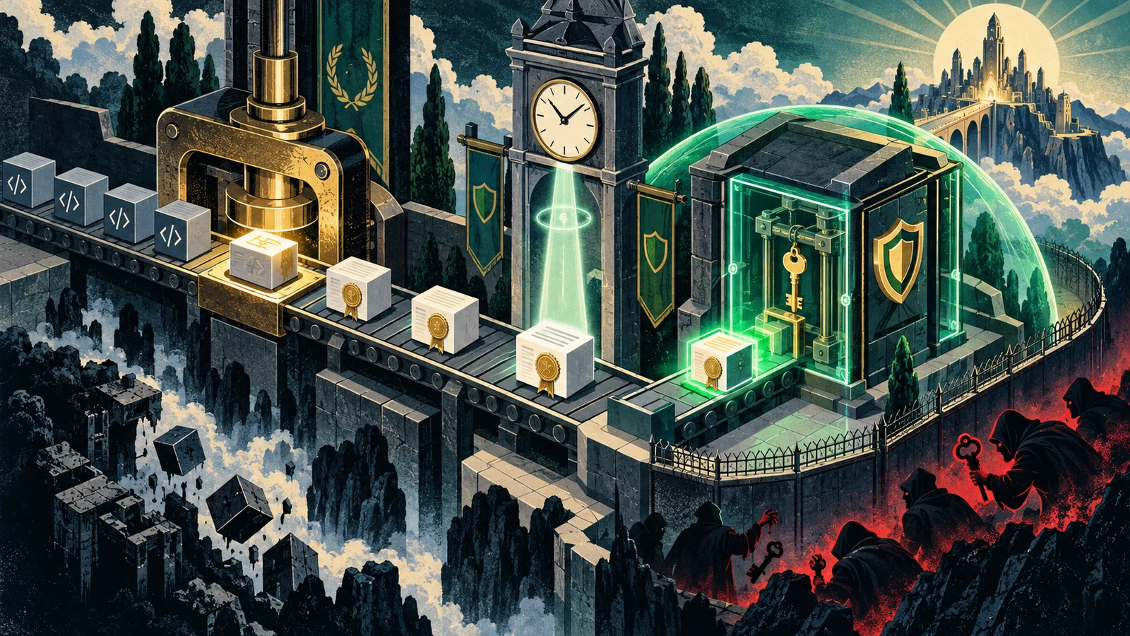 Illustrated cybersecurity scene for Code Signing: Certificates, Timestamping and Key Custody Illustrated cybersecurity scene for Code Signing: Certificates, Timestamping and Key Custody