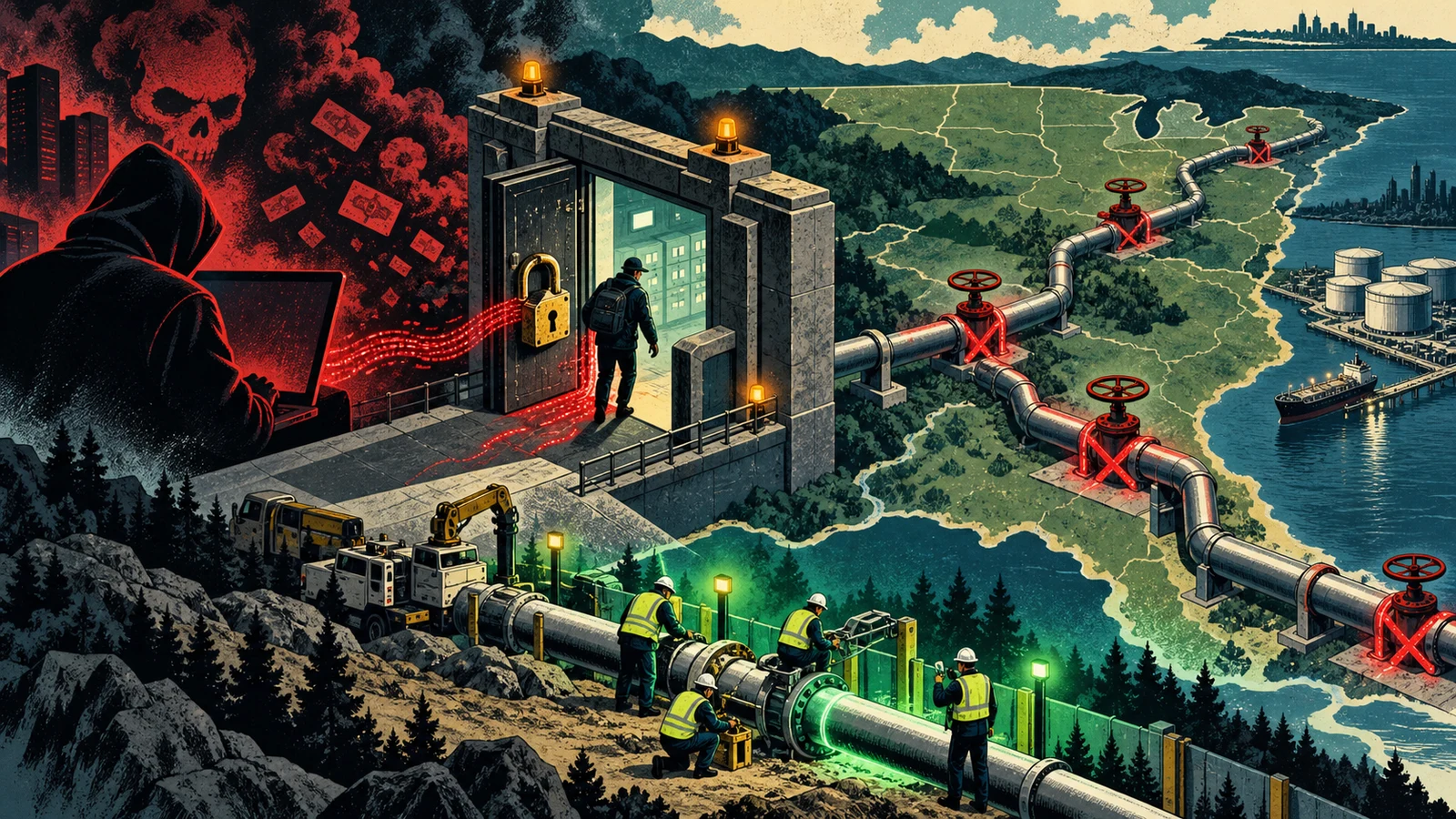 Illustrated cybersecurity scene for Colonial Pipeline: One Legacy VPN Account Without MFA