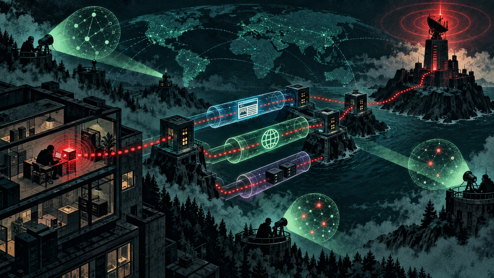 Illustrated cybersecurity scene for Command and Control: Beaconing, Channels & Detection