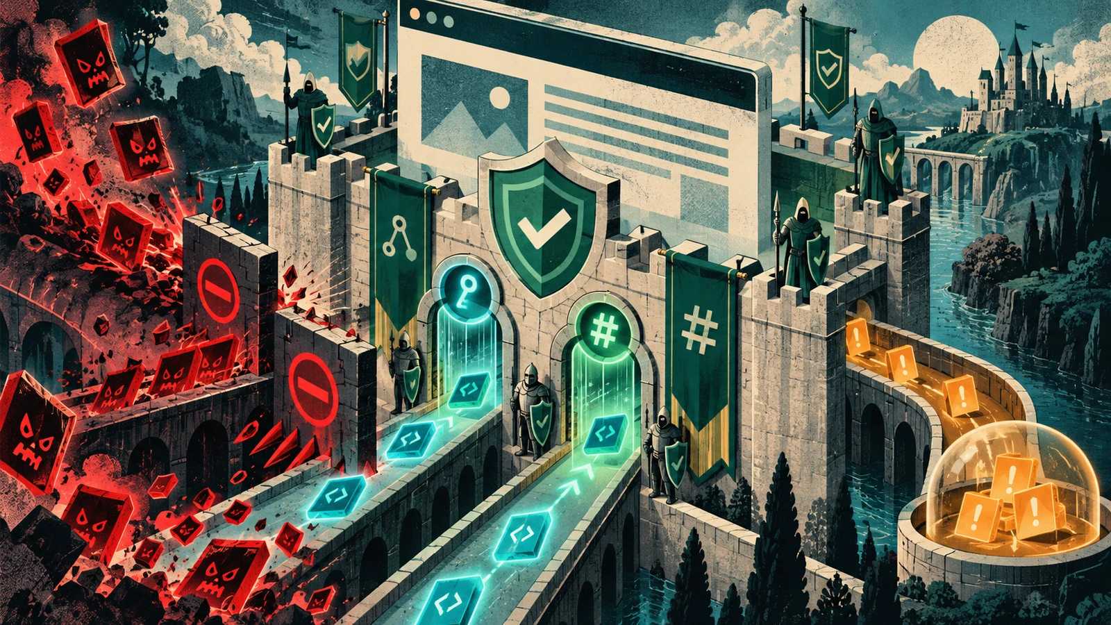 Illustrated cybersecurity scene for Content Security Policy: Stopping XSS with CSP Illustrated cybersecurity scene for Content Security Policy: Stopping XSS with CSP