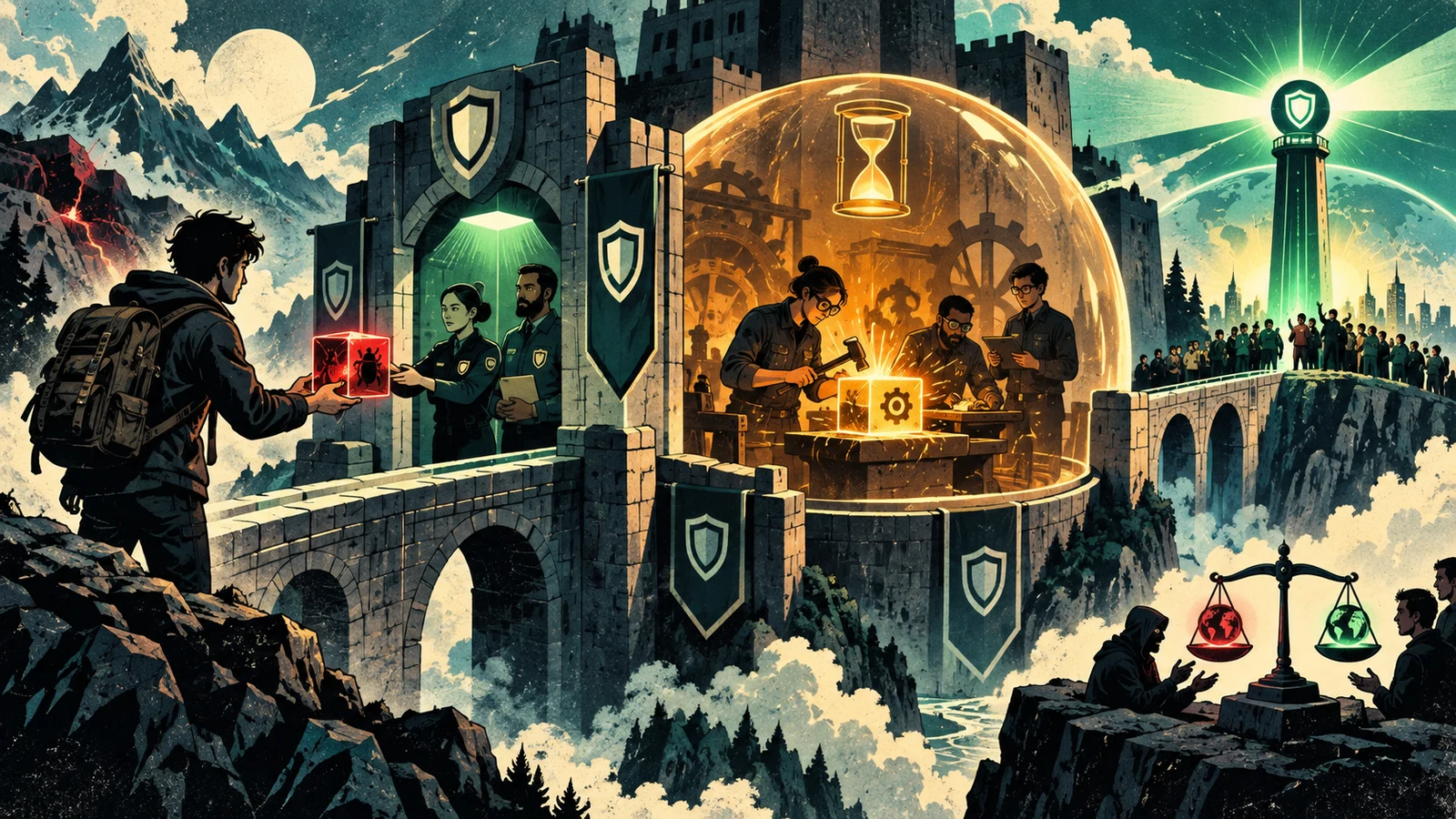 Illustrated cybersecurity scene for Coordinated Vulnerability Disclosure: From Finding to Fix Illustrated cybersecurity scene for Coordinated Vulnerability Disclosure: From Finding to Fix