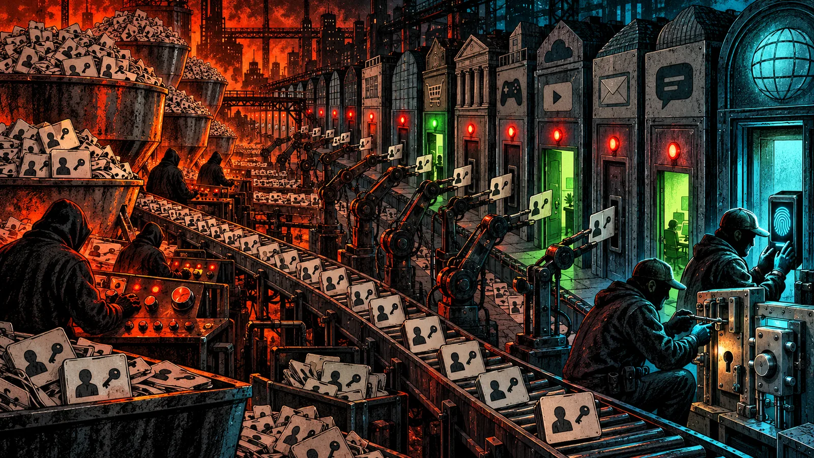 Illustrated cybersecurity scene for Credential Stuffing: How Reused Passwords Get Exploited Illustrated cybersecurity scene for Credential Stuffing: How Reused Passwords Get Exploited