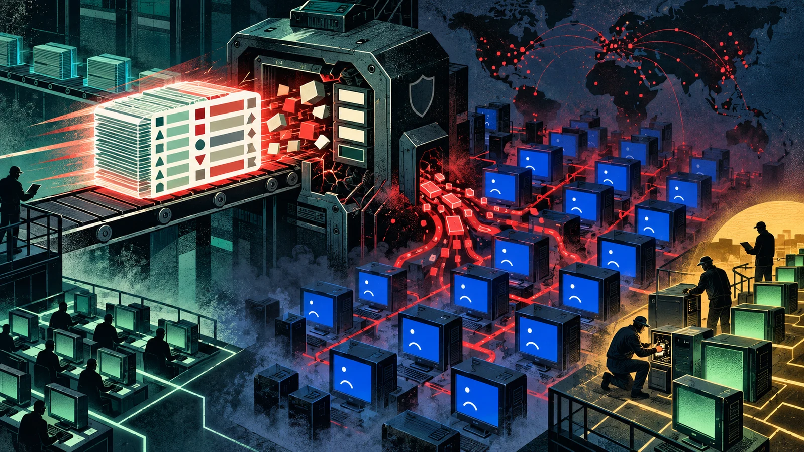 Illustrated cybersecurity scene for The 2024 CrowdStrike Outage: Channel File 291 Illustrated cybersecurity scene for The 2024 CrowdStrike Outage: Channel File 291