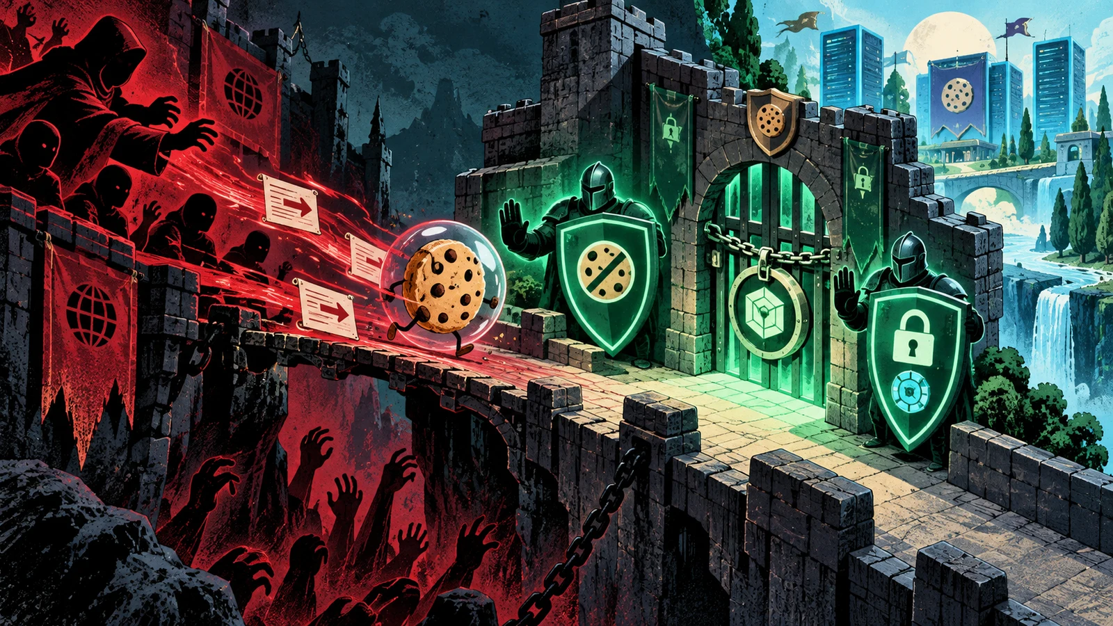 Illustrated cybersecurity scene for CSRF: SameSite Cookies & Anti-CSRF Tokens