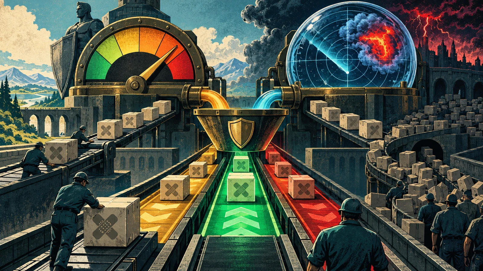 Illustrated cybersecurity scene for CVSS vs EPSS: Which Score Should Drive Your Patching Illustrated cybersecurity scene for CVSS vs EPSS: Which Score Should Drive Your Patching