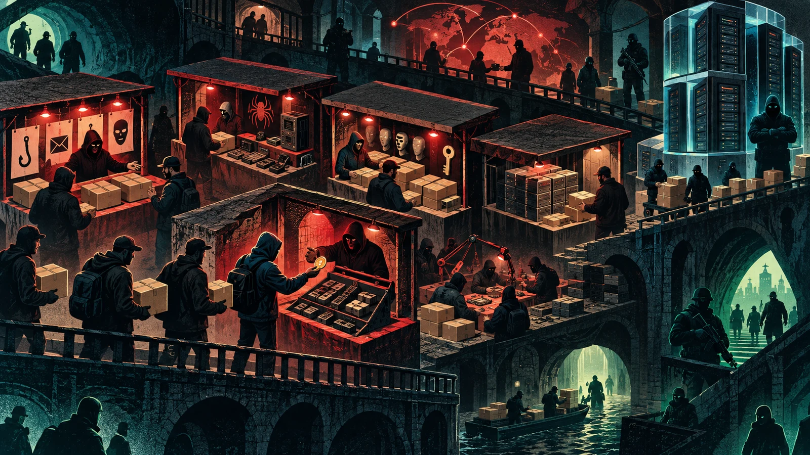 Illustrated cybersecurity scene for Cybercrime-as-a-Service: The Criminal Gig Economy Illustrated cybersecurity scene for Cybercrime-as-a-Service: The Criminal Gig Economy