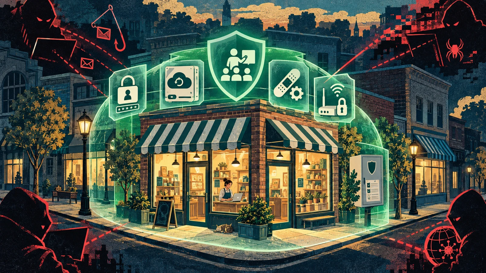 Illustrated cybersecurity scene for Cybersecurity for Small Business: The Essential Checklist
