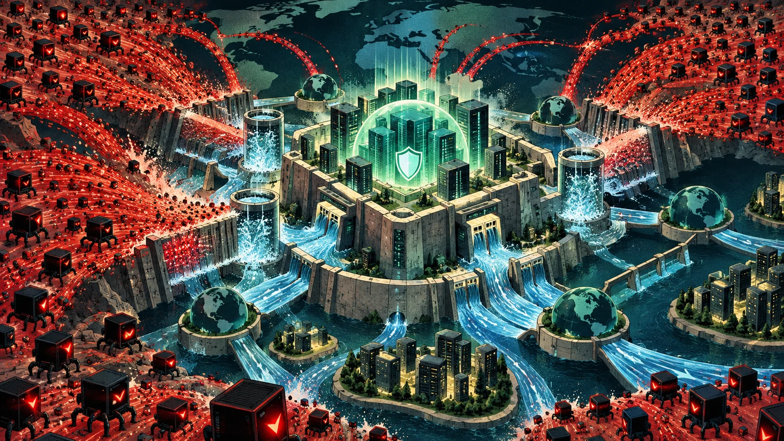 Illustrated cybersecurity scene for DDoS Attacks: How They Work and How to Defend Illustrated cybersecurity scene for DDoS Attacks: How They Work and How to Defend