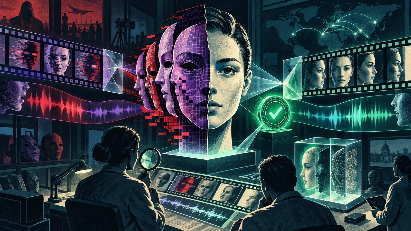 Illustrated cybersecurity scene for Deepfake Detection: How to Spot Synthetic Media