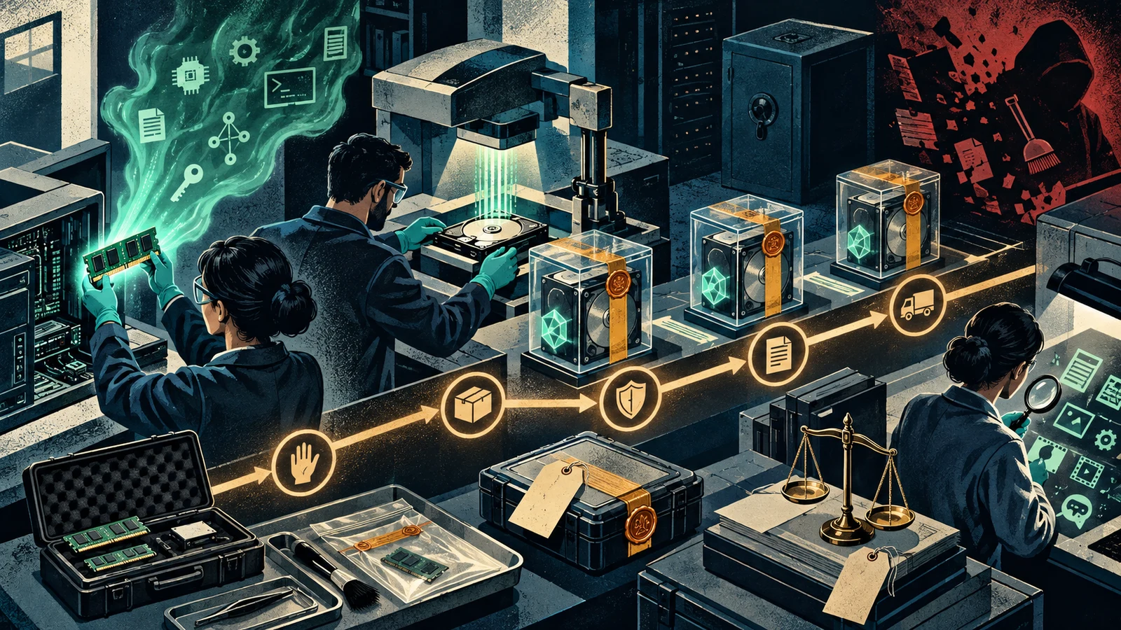 Illustrated cybersecurity scene for Digital Forensics Basics: Acquisition, Order of Volatility, Analysis
