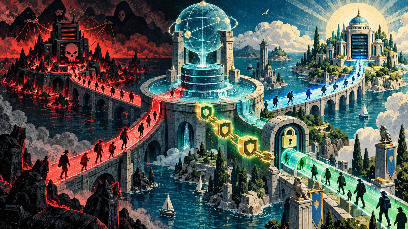 Illustrated cybersecurity scene for DNS Spoofing: Cache Poisoning & the DNSSEC Defense Illustrated cybersecurity scene for DNS Spoofing: Cache Poisoning & the DNSSEC Defense