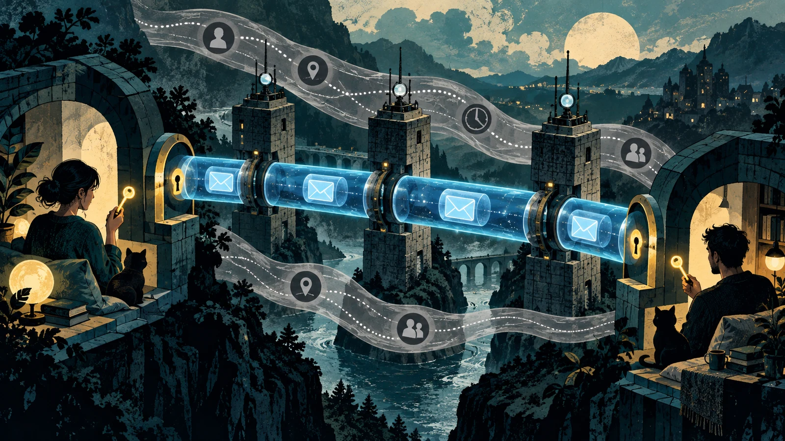 Illustrated cybersecurity scene for End-to-End Encryption