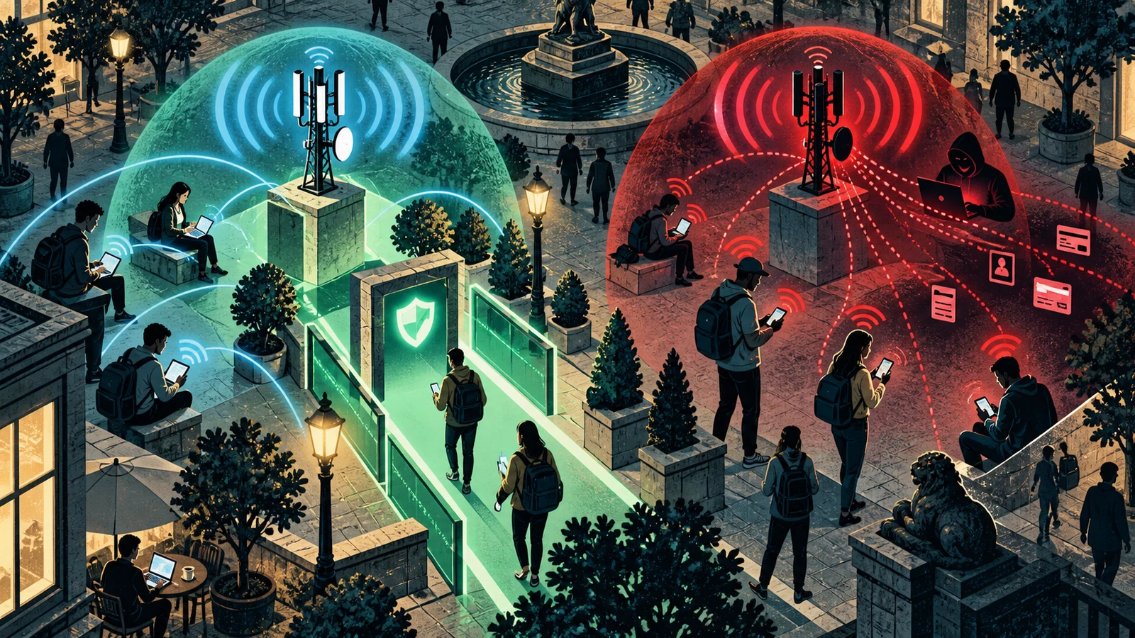 Illustrated cybersecurity scene for Evil Twin Attacks: Rogue Clone Wi-Fi & How to Stay Safe Illustrated cybersecurity scene for Evil Twin Attacks: Rogue Clone Wi-Fi & How to Stay Safe