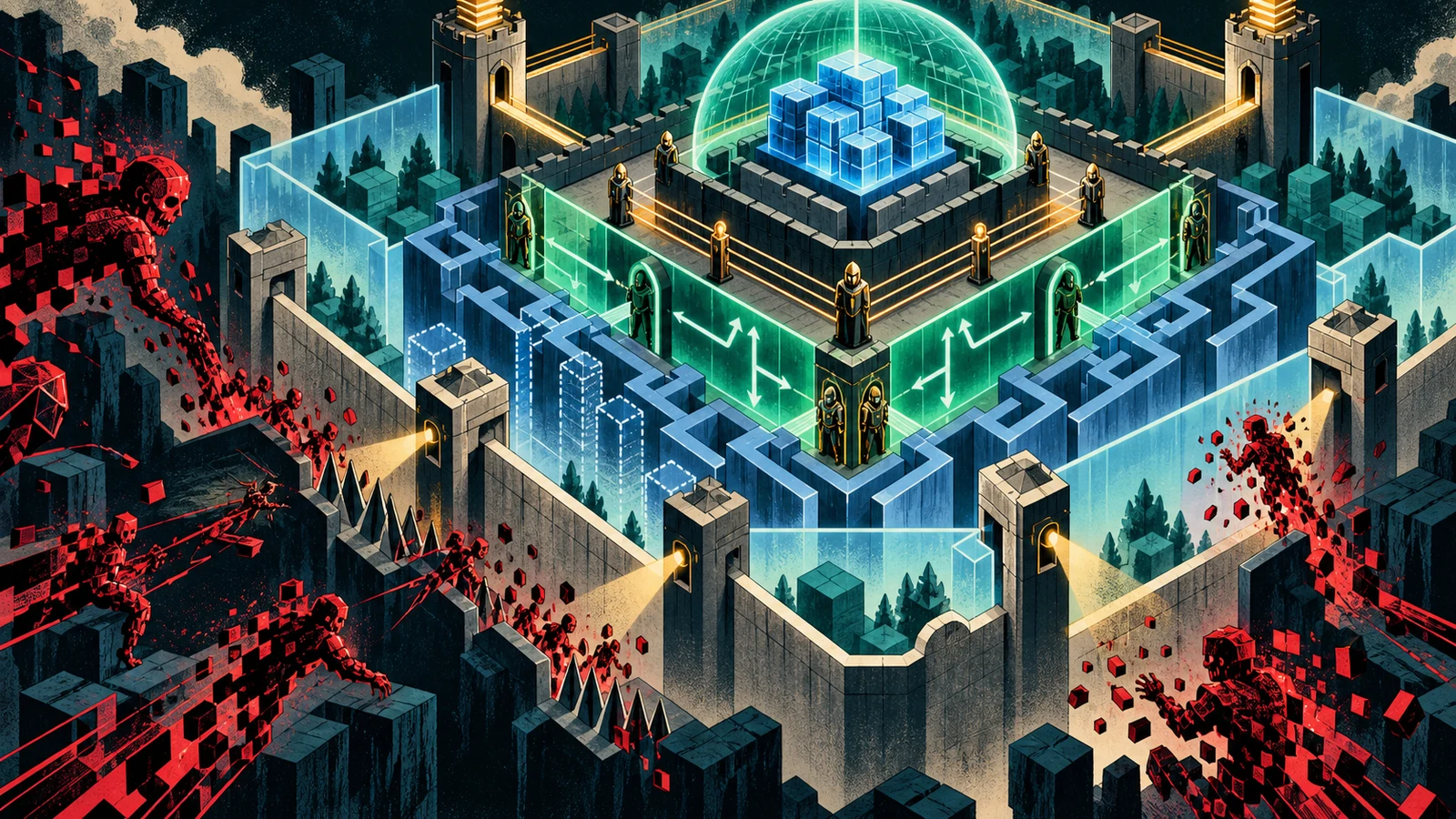 Illustrated cybersecurity scene for Exploit Mitigations: The Modern Defense Stack