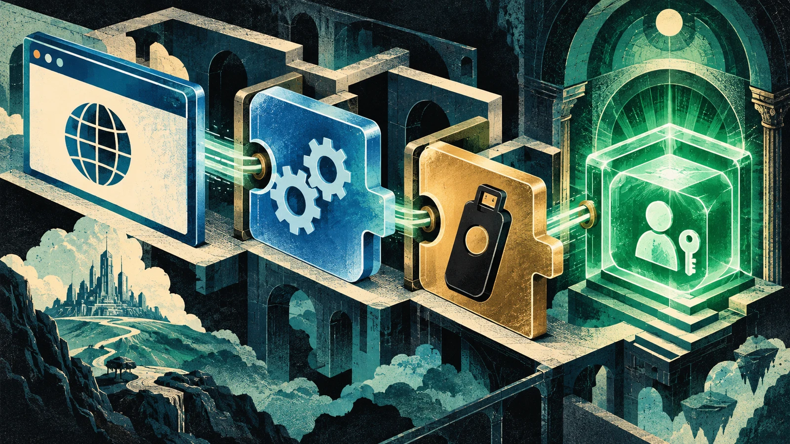 Illustrated cybersecurity scene for FIDO2 vs WebAuthn vs Passkeys: What Each Name Means