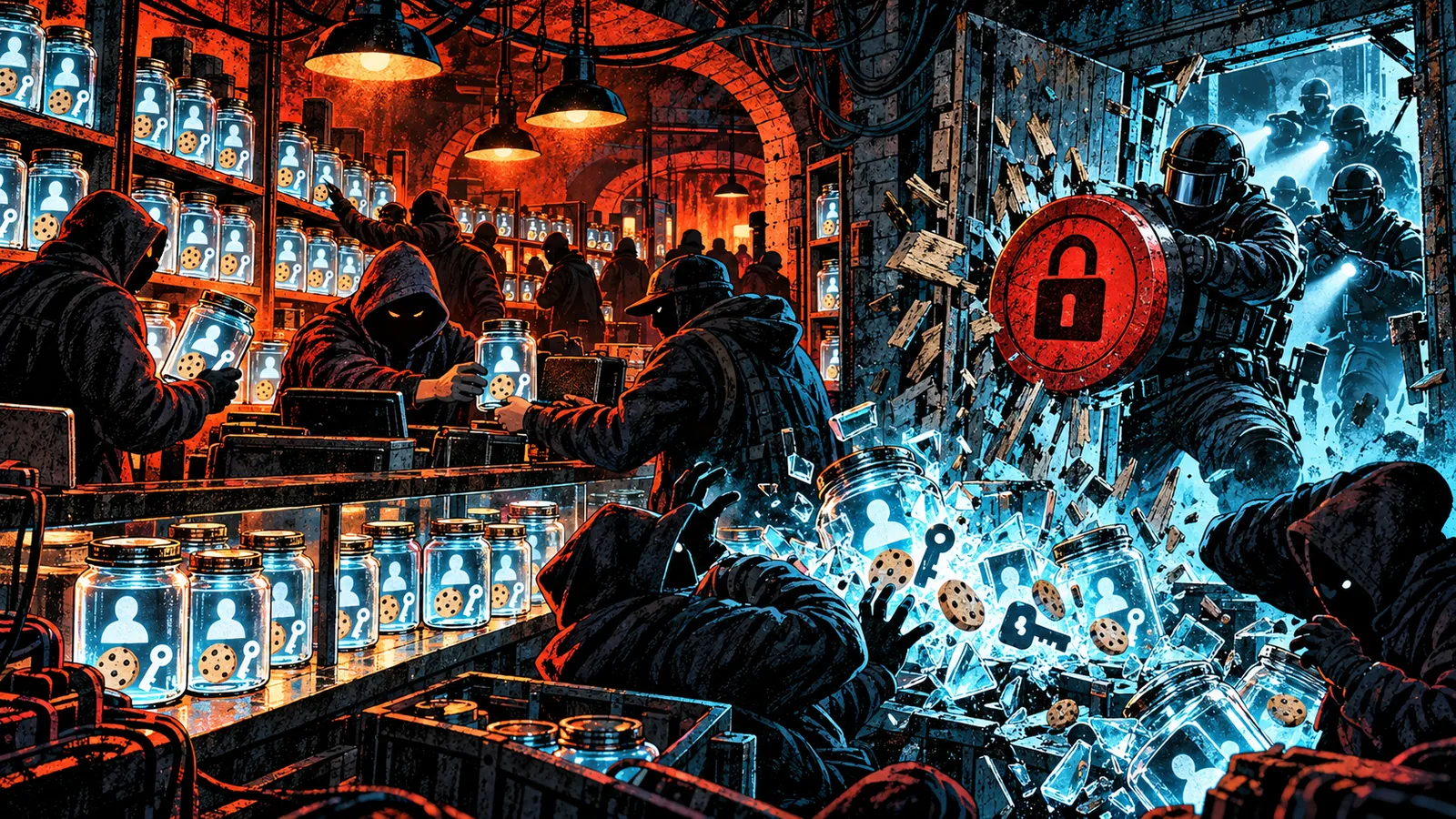 Illustrated cybersecurity scene for Genesis Market: The Bot Shop and Operation Cookie Monster