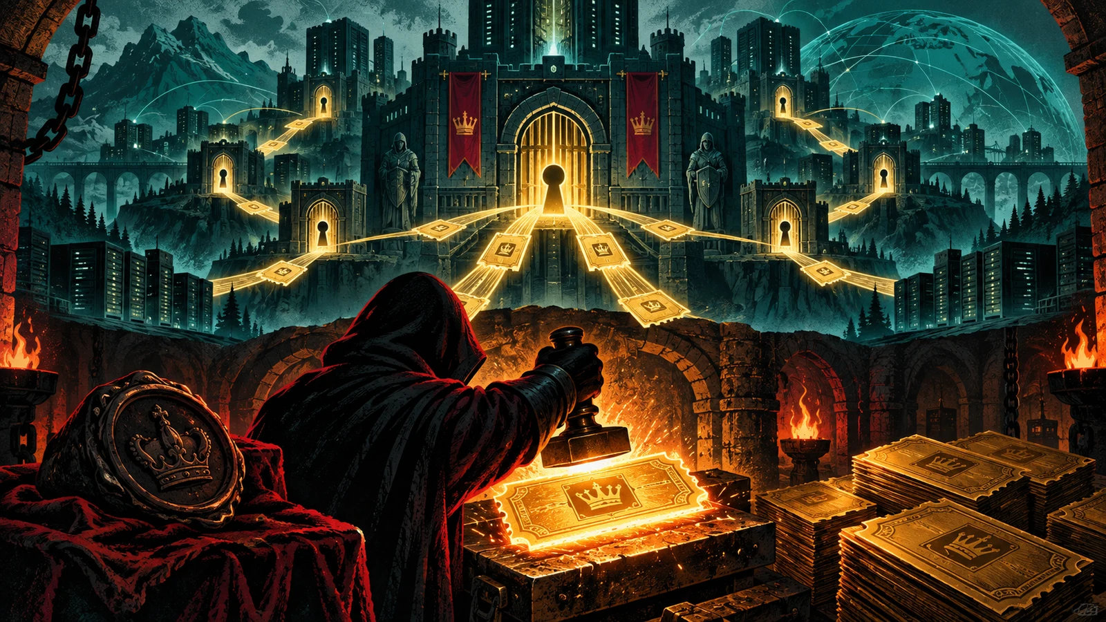 Illustrated cybersecurity scene for Golden Ticket Attack: Forged Kerberos TGTs Illustrated cybersecurity scene for Golden Ticket Attack: Forged Kerberos TGTs