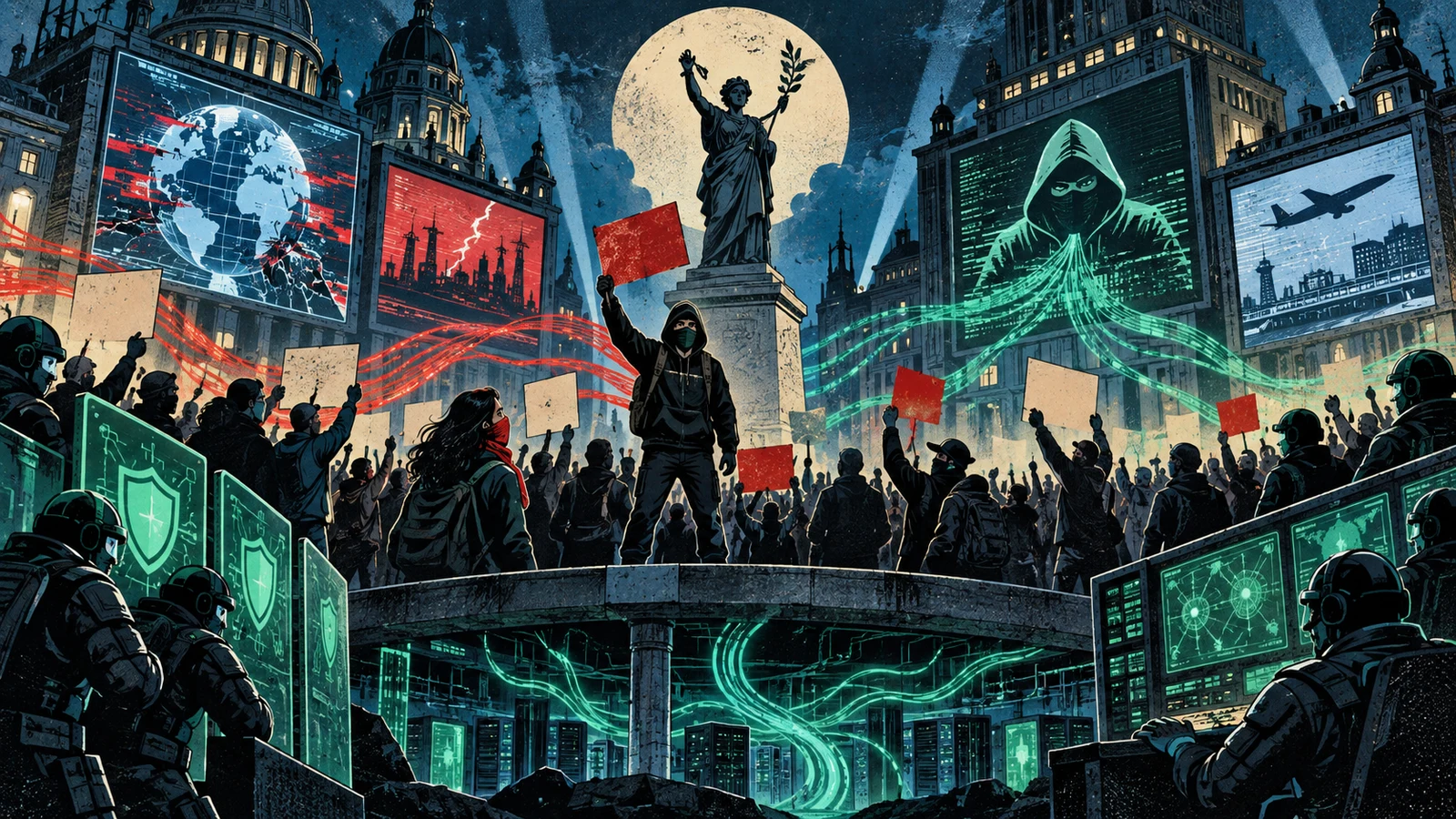 Illustrated cybersecurity scene for Hacktivism: When Hacking Is Driven by a Cause Illustrated cybersecurity scene for Hacktivism: When Hacking Is Driven by a Cause