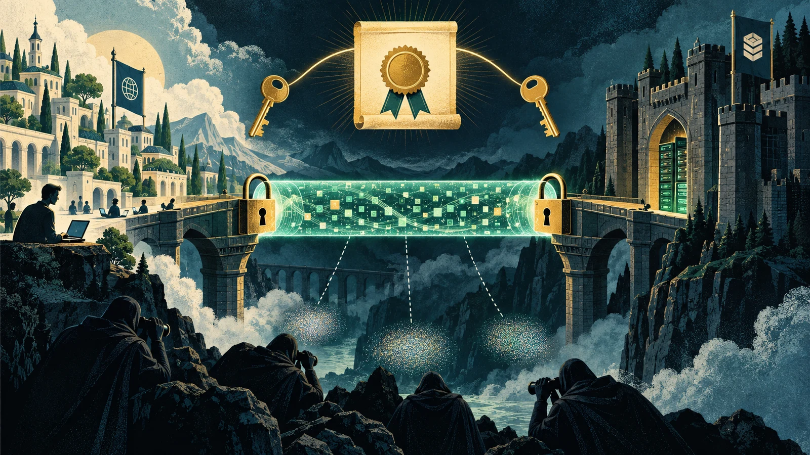 Illustrated cybersecurity scene for How HTTPS Works: TLS, Certificates & the Padlock Illustrated cybersecurity scene for How HTTPS Works: TLS, Certificates & the Padlock