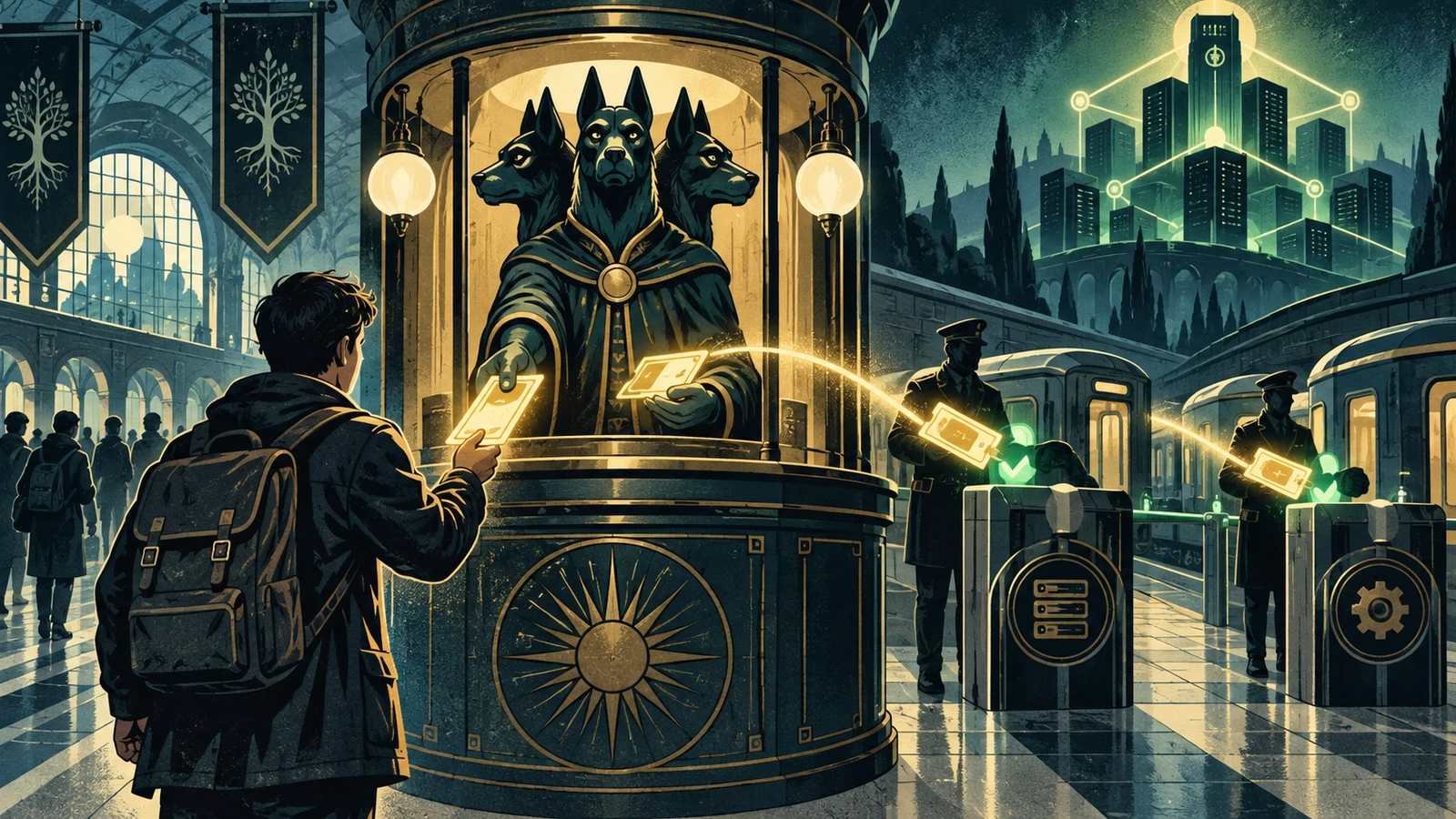 Illustrated cybersecurity scene for How Kerberos Works: Tickets, the KDC & Why AD Needs It