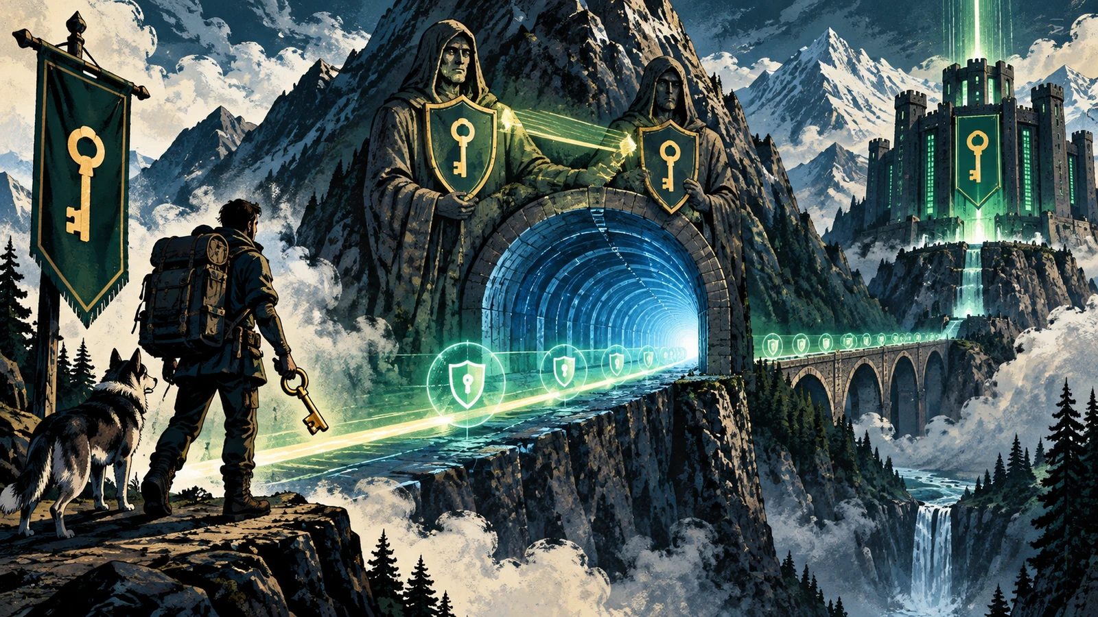 Illustrated cybersecurity scene for How SSH Works: Key Exchange, Host Keys, and Public-Key Auth Illustrated cybersecurity scene for How SSH Works: Key Exchange, Host Keys, and Public-Key Auth