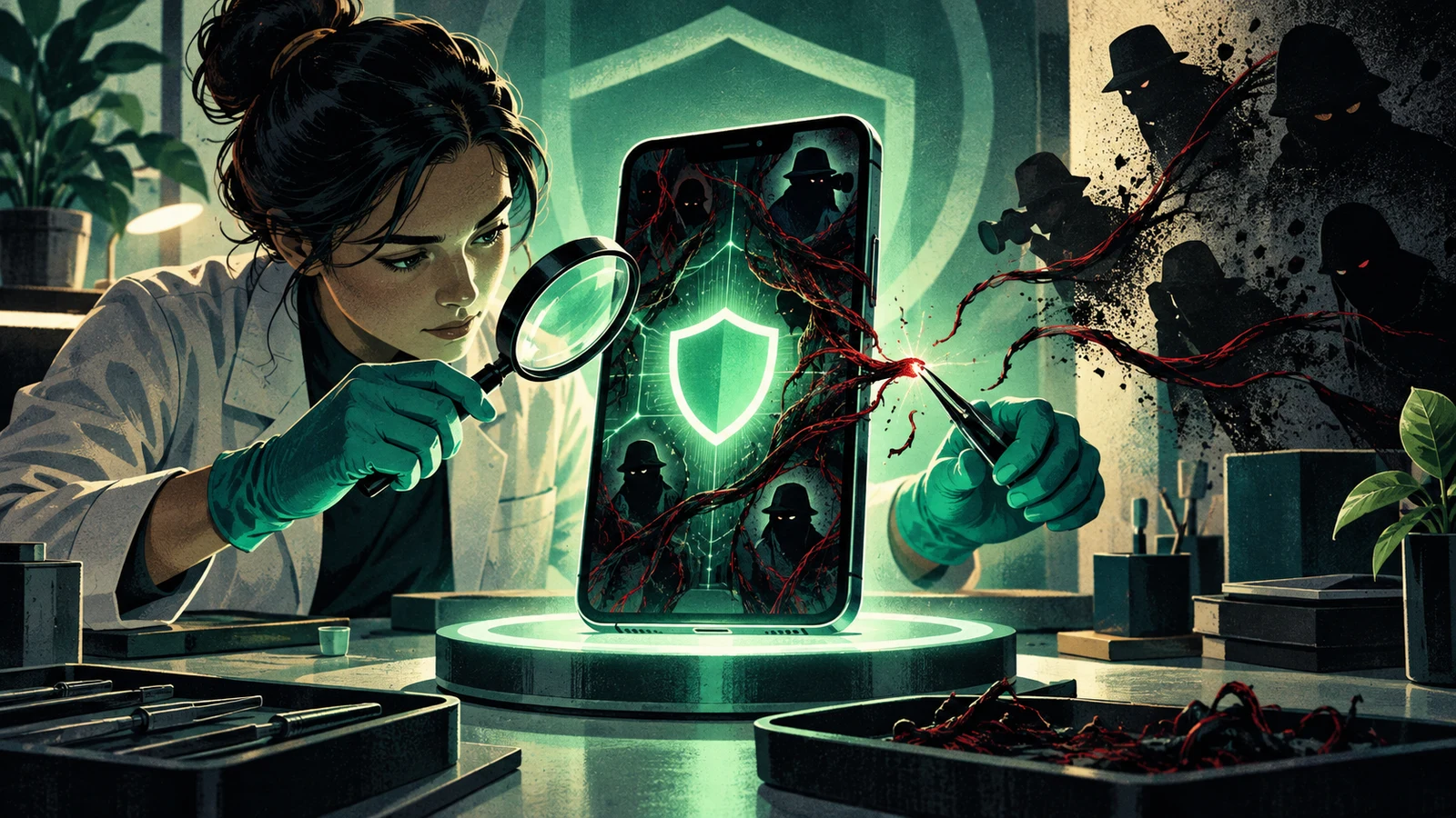 Illustrated cybersecurity scene for How to Detect Stalkerware on Your Phone