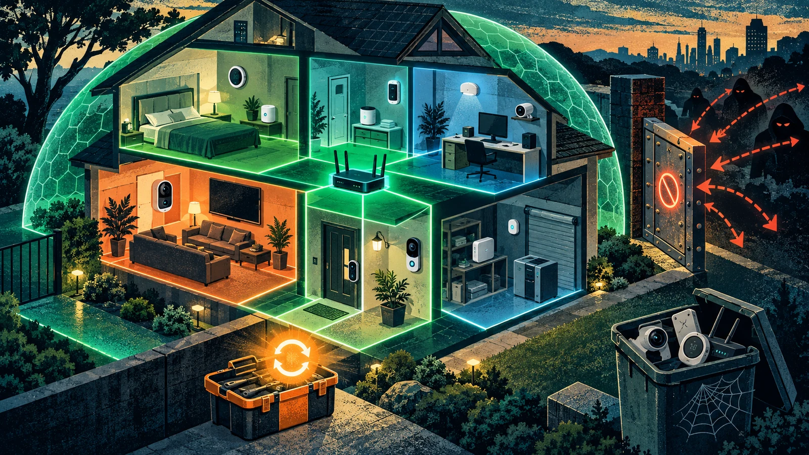 Illustrated cybersecurity scene for How to Secure IoT Devices: Segmentation, Updates and Defaults