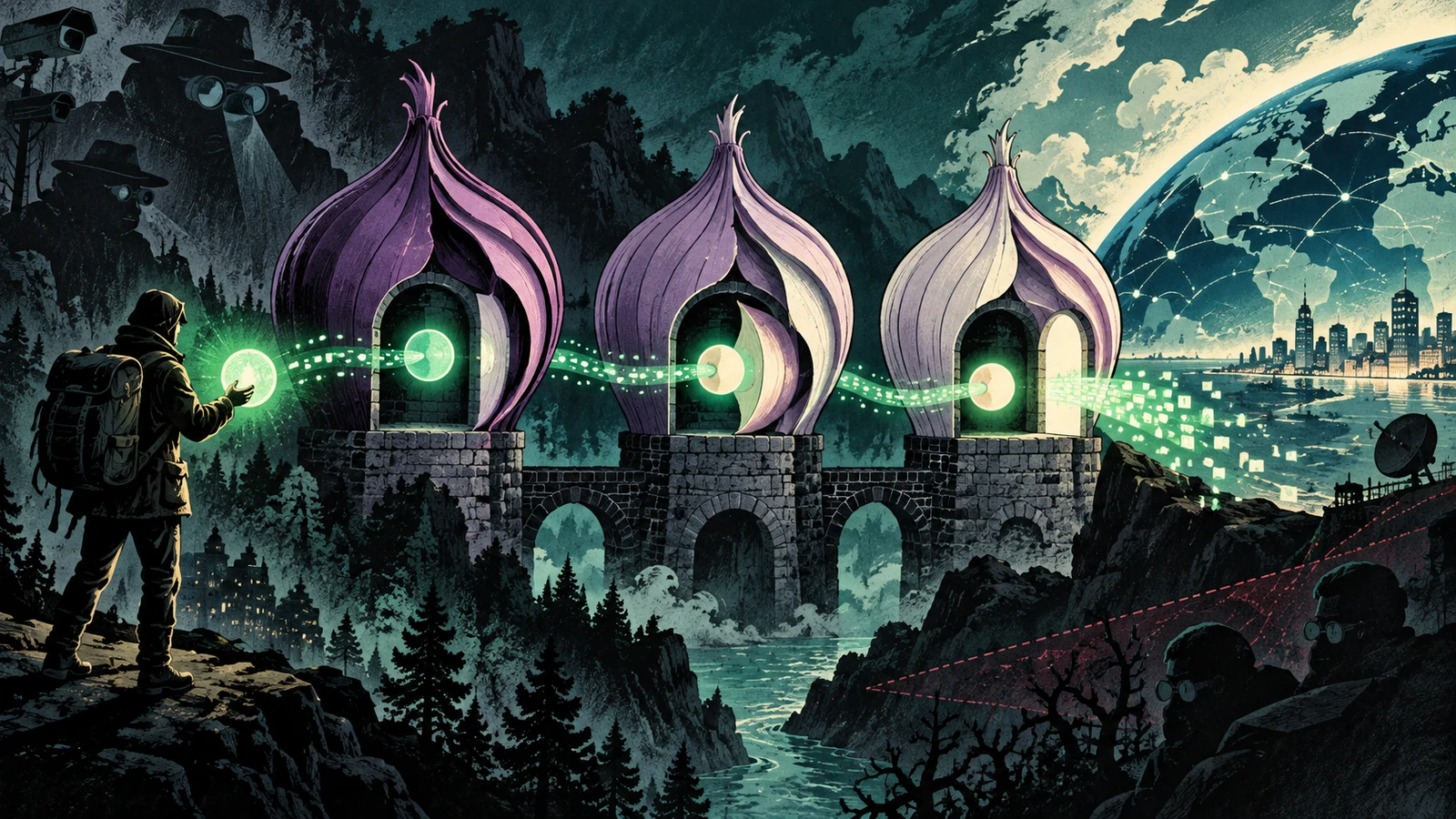 Illustrated cybersecurity scene for How Tor Works: Onion Routing and the Three-Hop Circuit