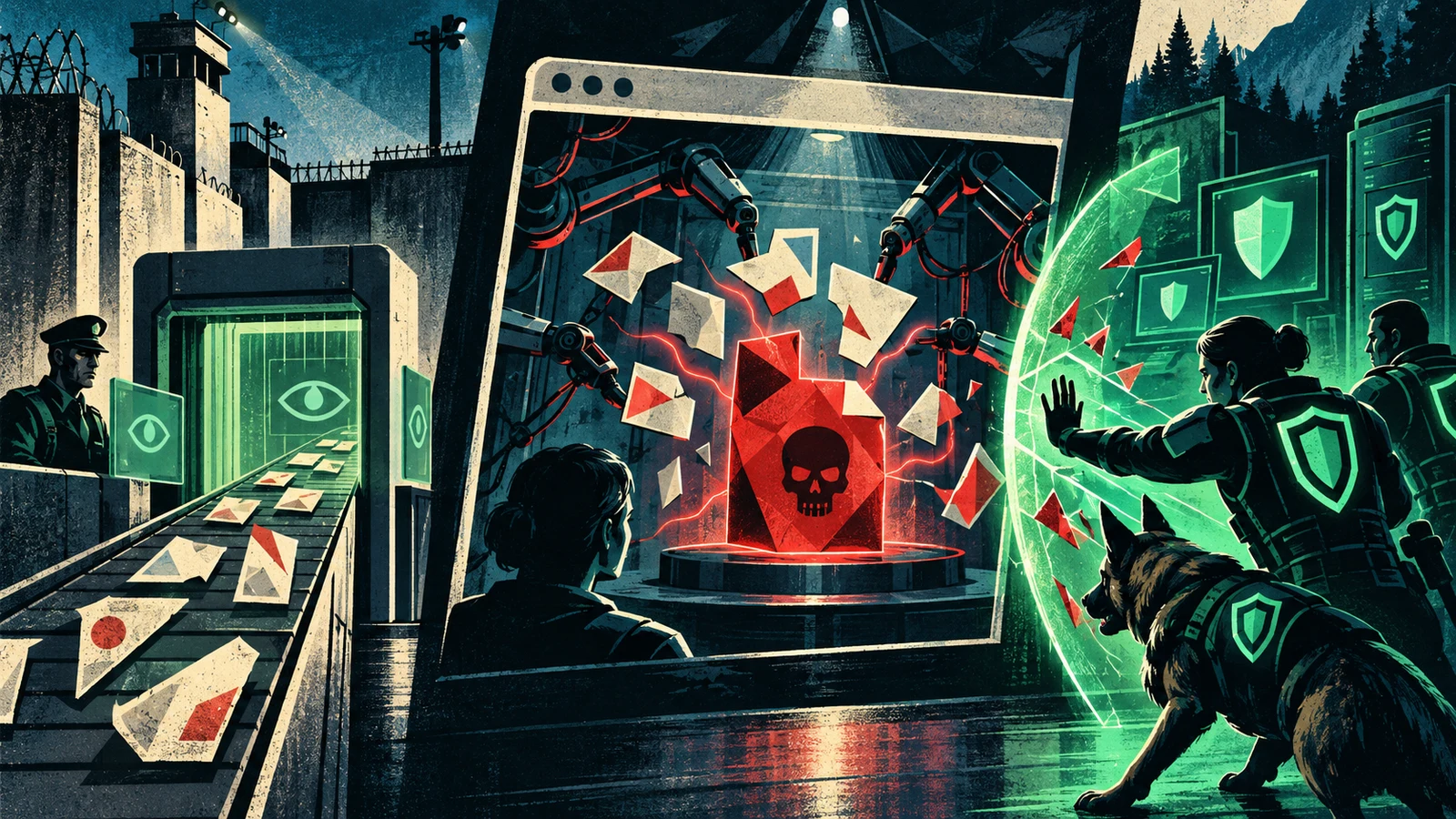 Illustrated cybersecurity scene for HTML Smuggling: Delivering Payloads Past the Gateway