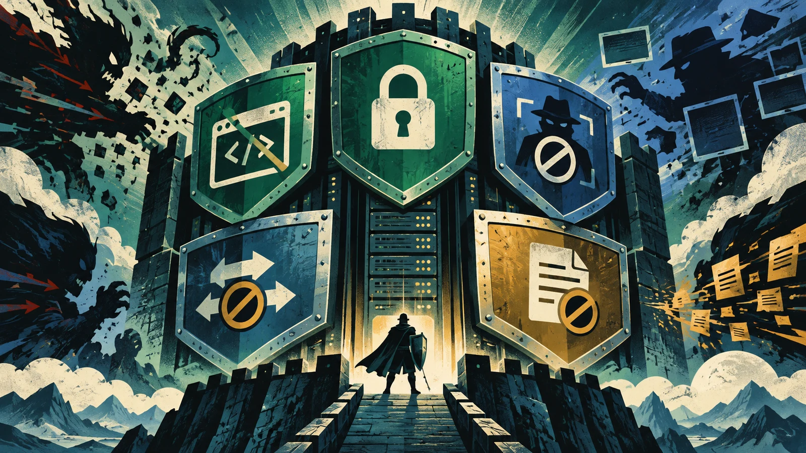Illustrated cybersecurity scene for HTTP Security Headers: What Each Does & the Value to Set