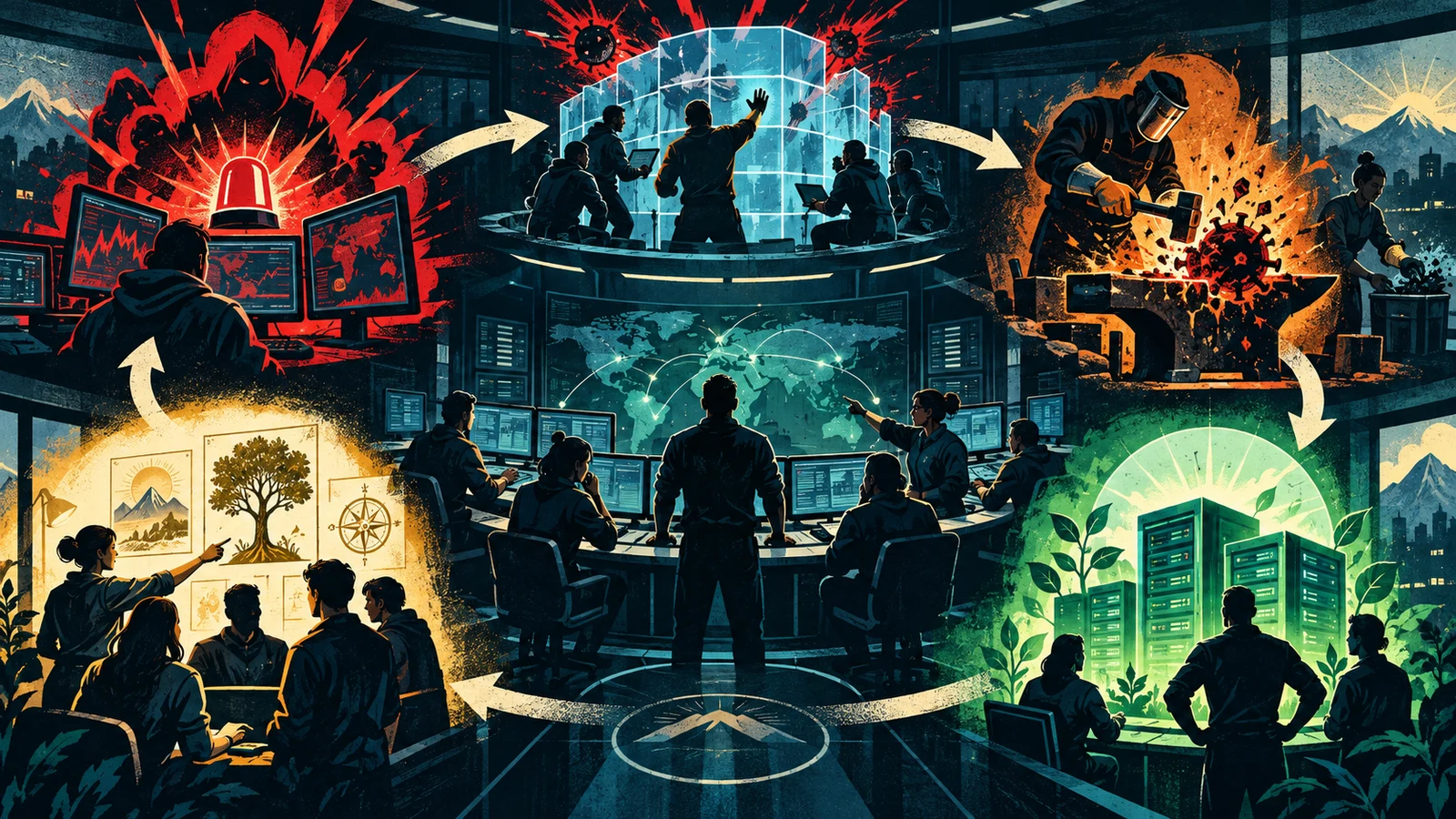 Illustrated cybersecurity scene for Incident Response 101: From Detection to Recovery