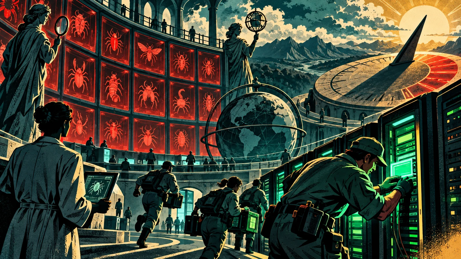 Illustrated cybersecurity scene for The KEV Catalog: CISA's List of Actively Exploited Bugs