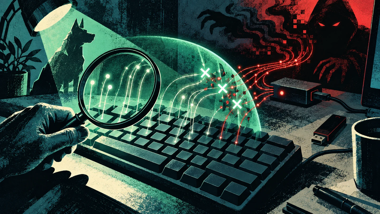Illustrated cybersecurity scene for Keyloggers: How They Work and How to Detect Them