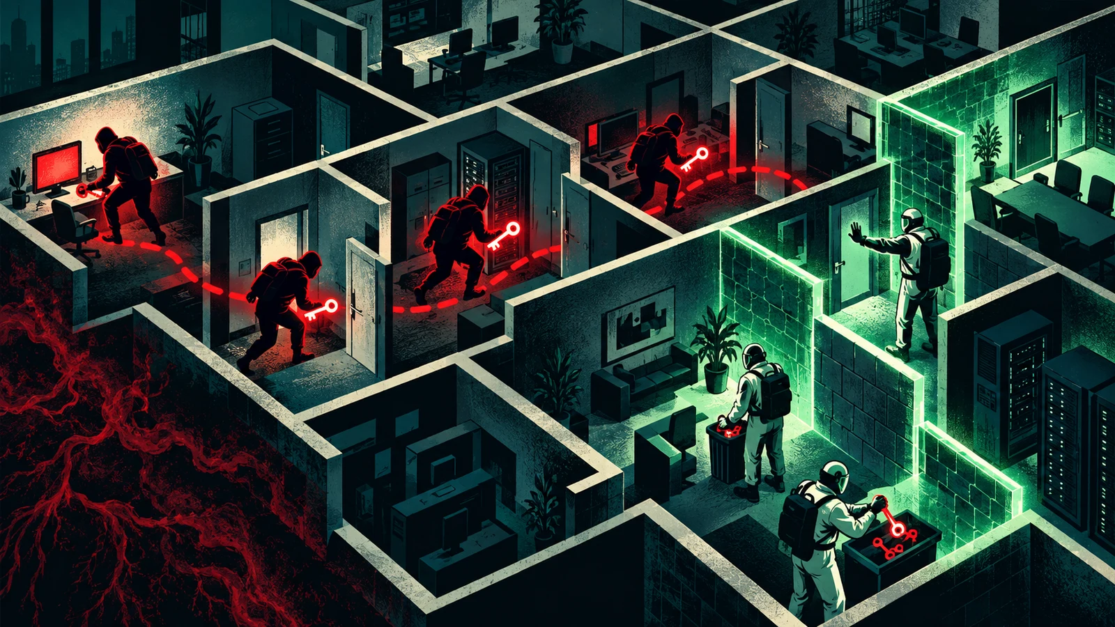 Illustrated cybersecurity scene for Lateral Movement: How Attackers Spread Across a Network