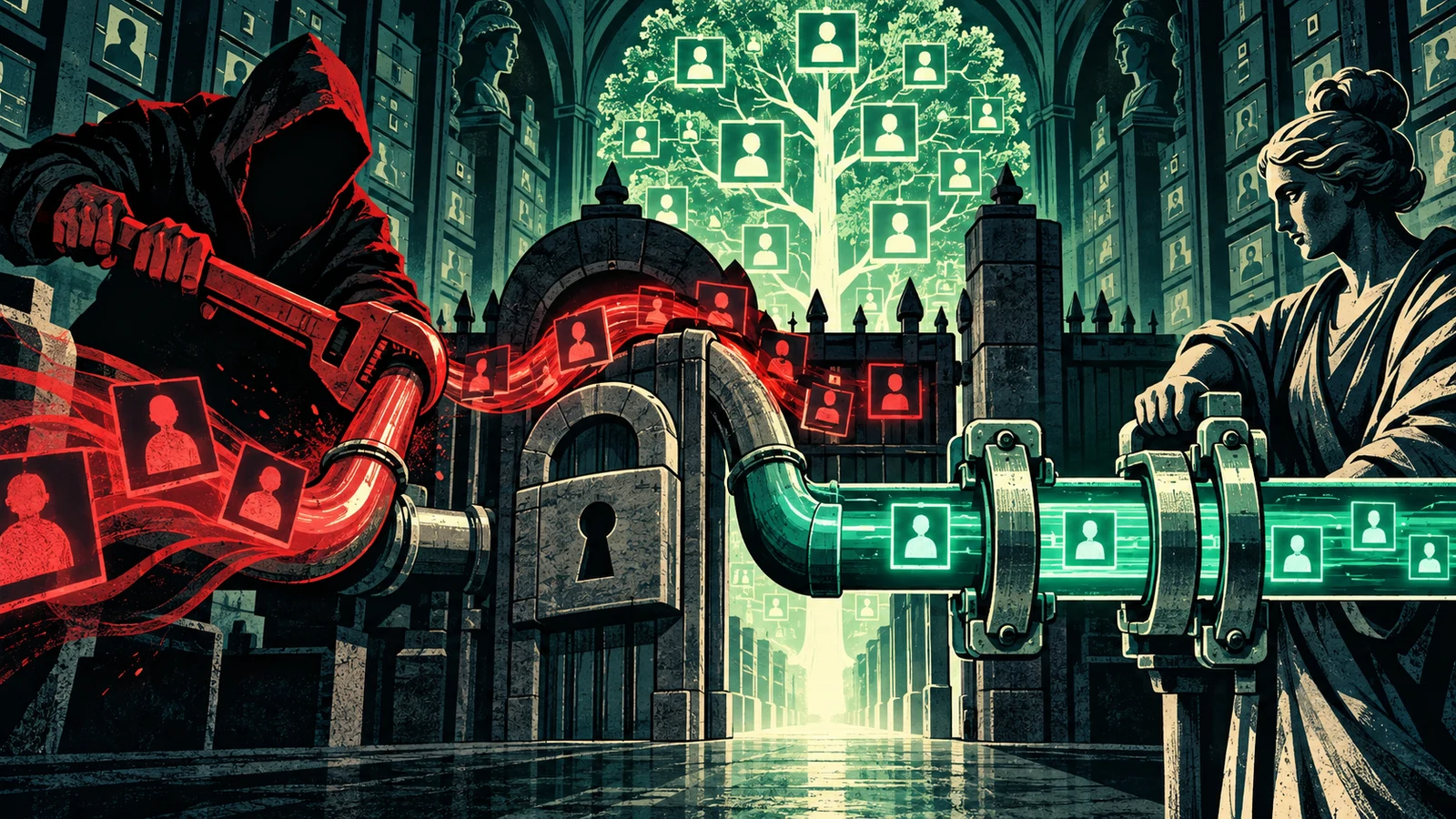 Illustrated cybersecurity scene for LDAP Injection: Filter Manipulation & Auth Bypass
