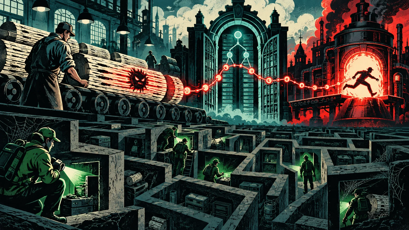 Illustrated cybersecurity scene for Log4Shell: One Log Line to Remote Code Execution